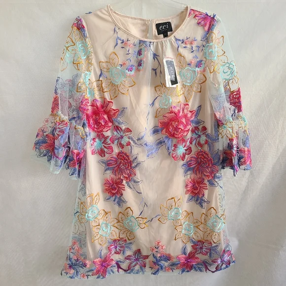 Eci Dresses | Eci New York Women's Shanghairski Floral Embroidered Mesh Dress | Color: Blue/Tan | Size: 4 | Lestia's Closet Eci Dresses | Eci New York Women's Shanghairski Floral Embroidered Mesh Dress | Color: Blue/Tan | Size: 4 | Lestia's Closet